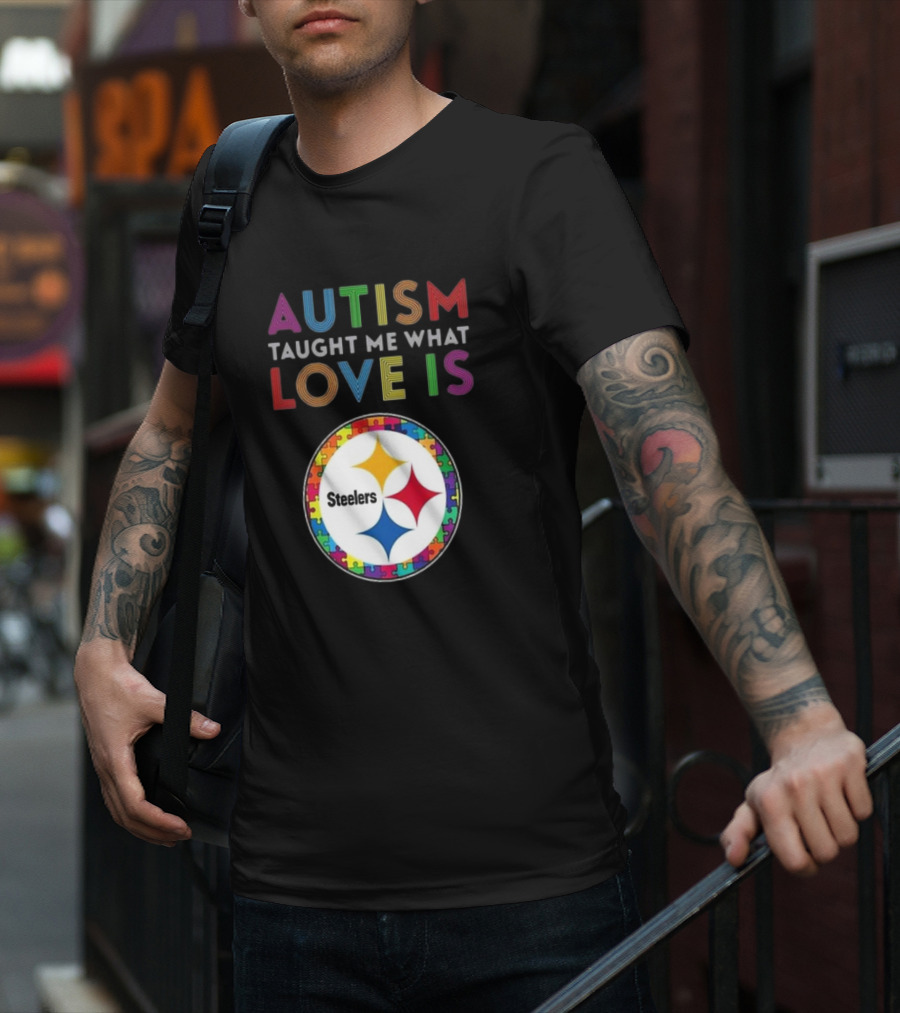 Autism Taught Me What Love Is Pittsburgh Steelers Puzzle T-Shirt