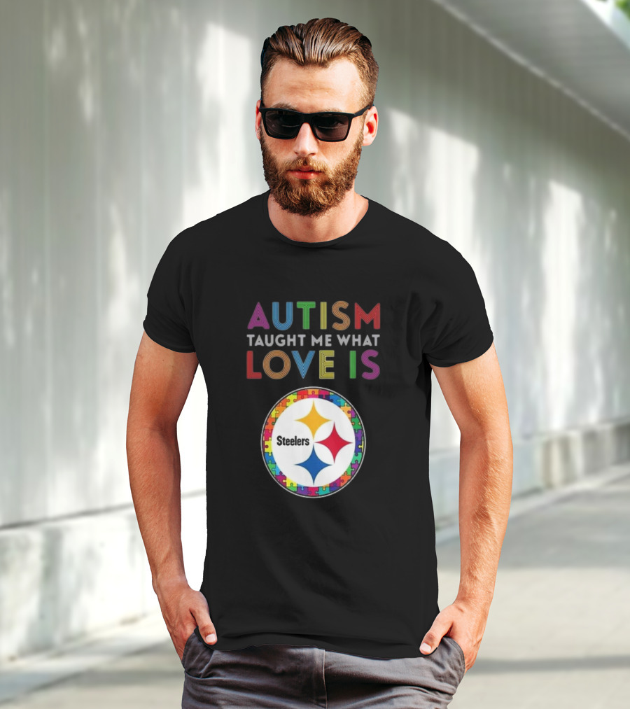Autism Taught Me What Love Is Pittsburgh Steelers Puzzle T-Shirt