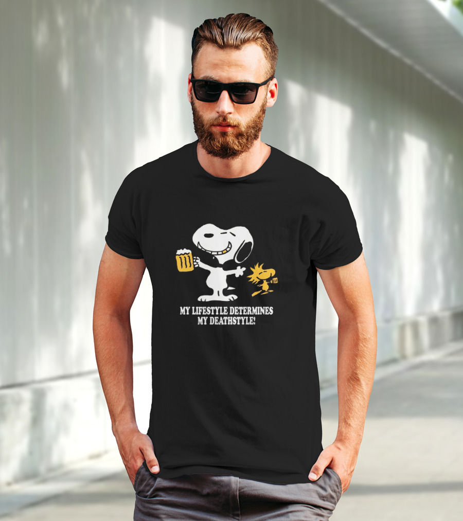 Snoopy And Woodstock Holding Beer My Lifestyle Determines My Deathstyle T-Shirt