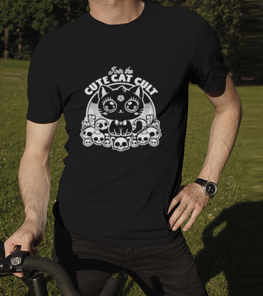 Join The Cute Cat Cult Black And White Skull Cat Surrounded By Skulls T-Shirt