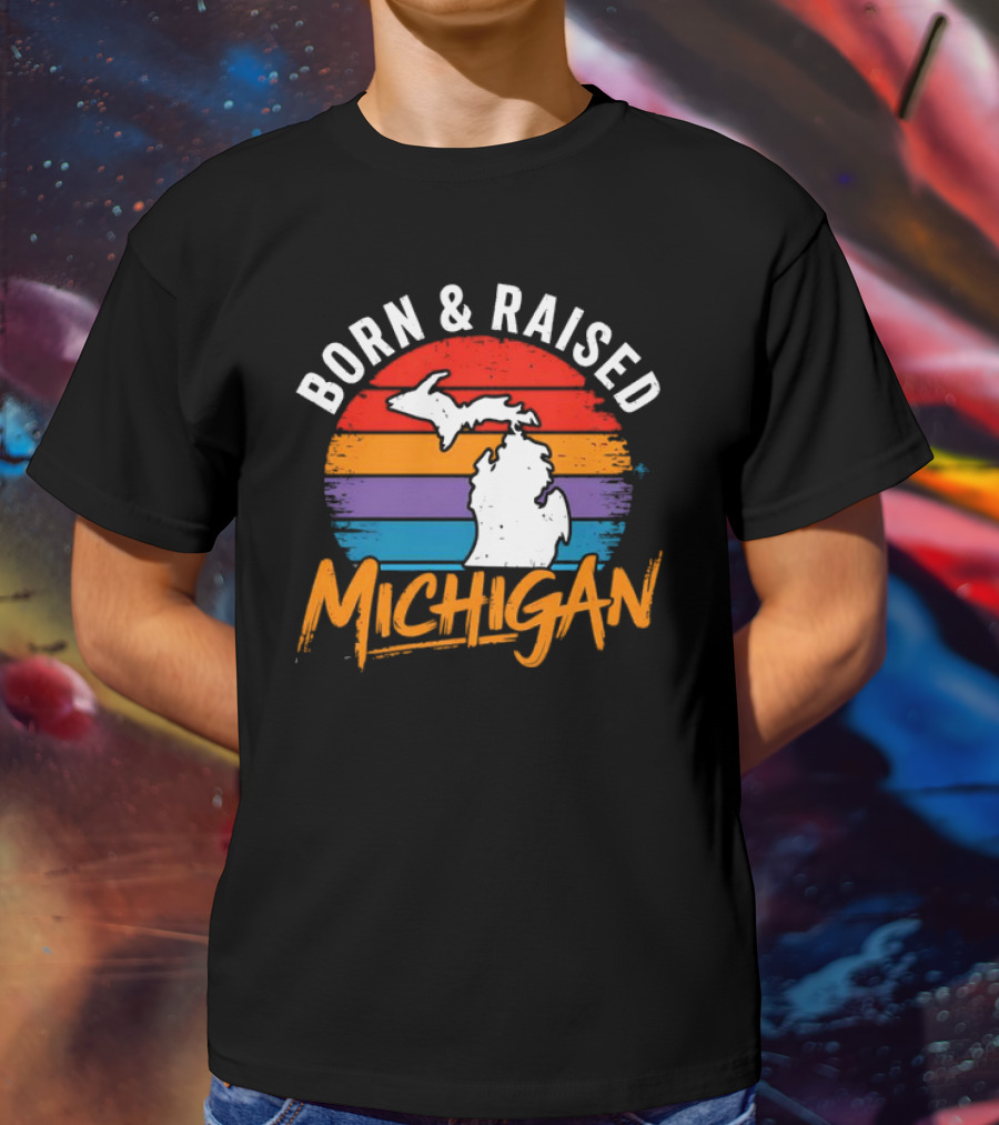 Born And Raised Michigan Vintage Sunset Map Stripes T-Shirt
