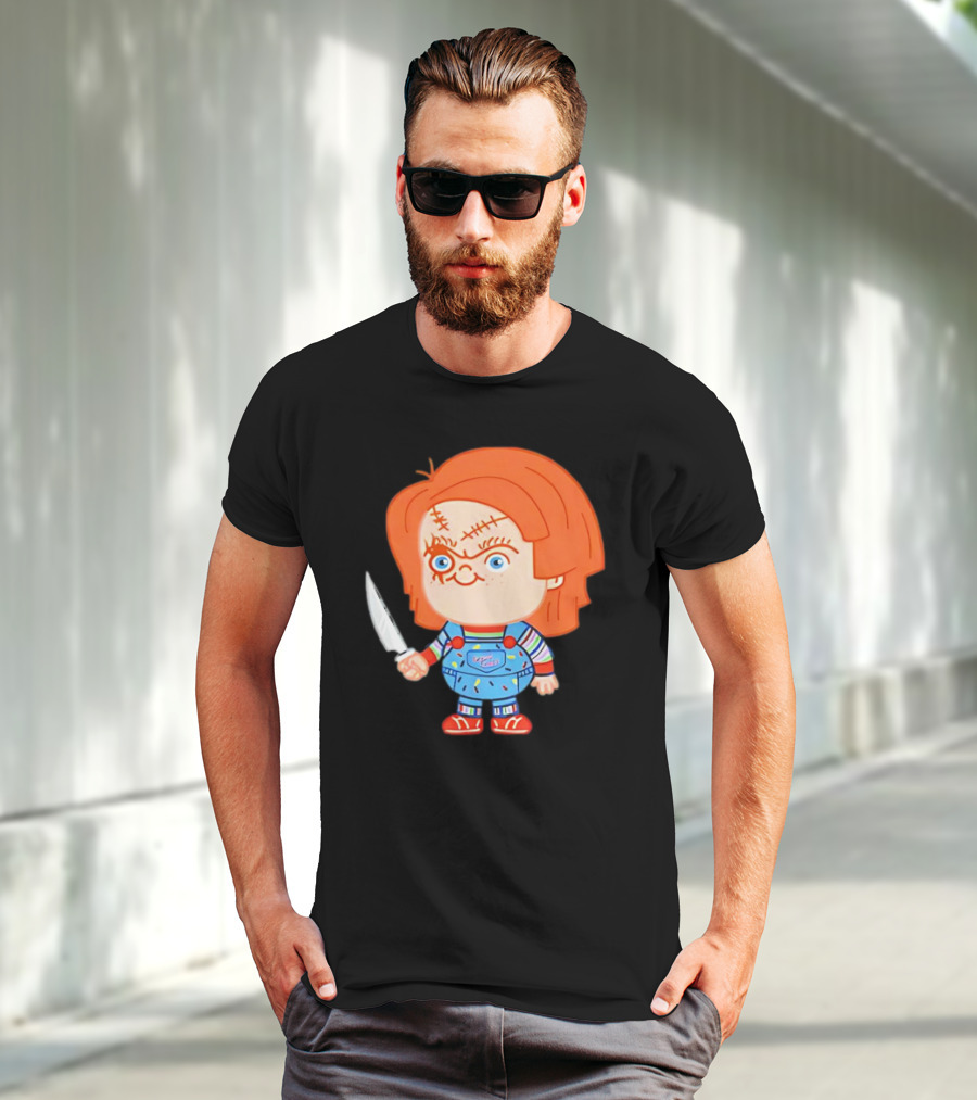 Chucky Evil Doll With Knife In Striped Lovely Overalls T-Shirt