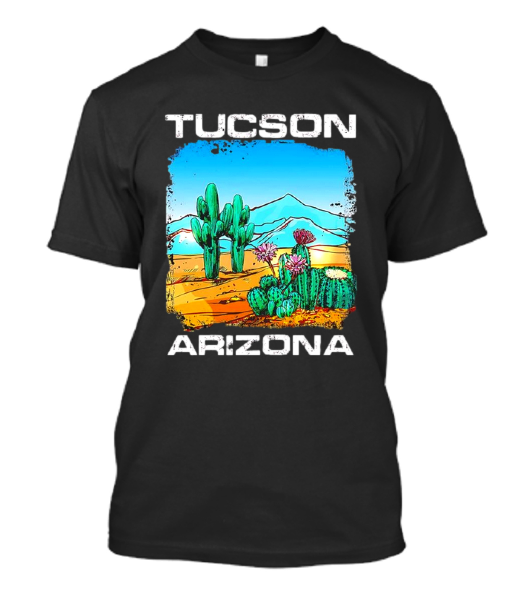 Tucson Arizona Retro Desert Scene With Cactus And Mountains T-Shirt
