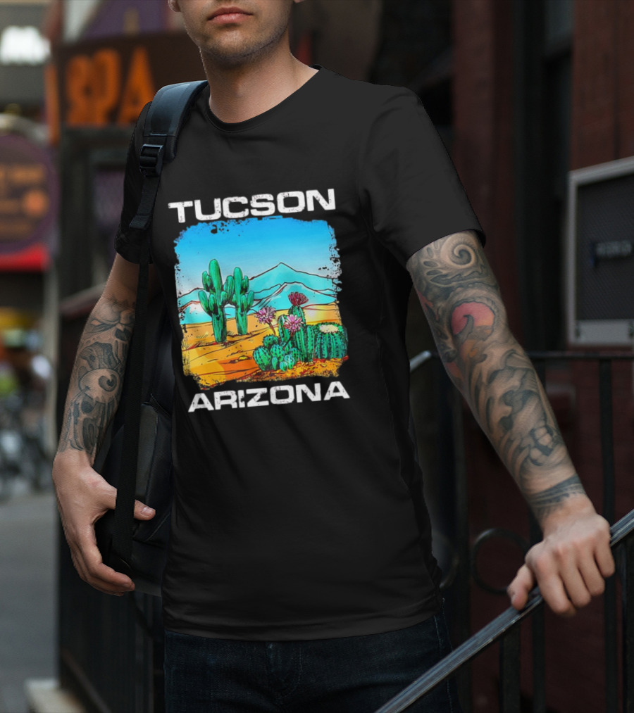 Tucson Arizona Retro Desert Scene With Cactus And Mountains T-Shirt