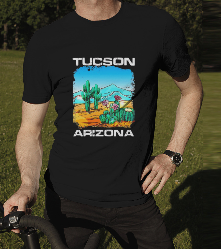 Tucson Arizona Retro Desert Scene With Cactus And Mountains T-Shirt