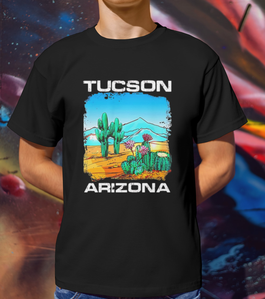 Tucson Arizona Retro Desert Scene With Cactus And Mountains T-Shirt