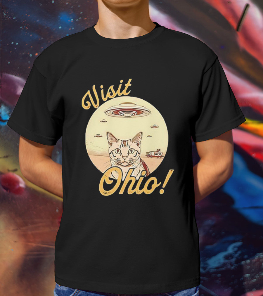 Visit Ohio Cat UFO Alien Spaceship Adventure T-Shirt