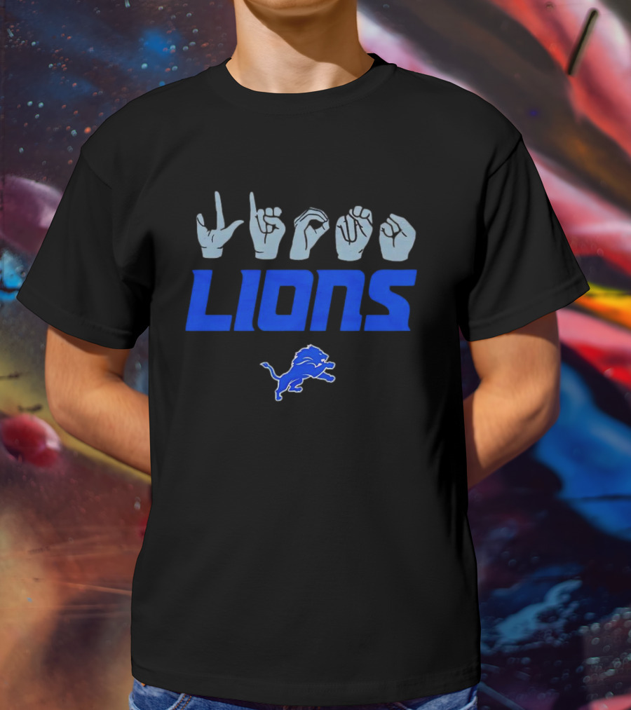 Love Sign With Detroit Lions ASL Logo And Blue Lion Emblem T-Shirt
