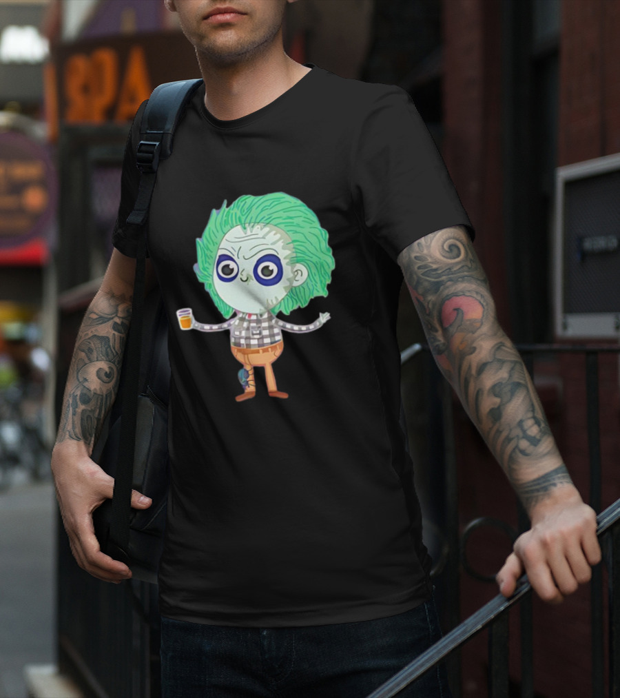 Beetlejuice Ghost Exorcist Cartoon Character With Drink T-Shirt