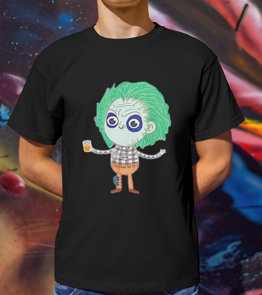 Beetlejuice Ghost Exorcist Cartoon Character With Drink T-Shirt