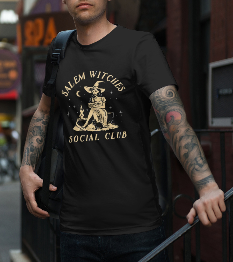 Salem Witches Social Club Moonlit Gathering With Cauldron And Cat T-Shirt