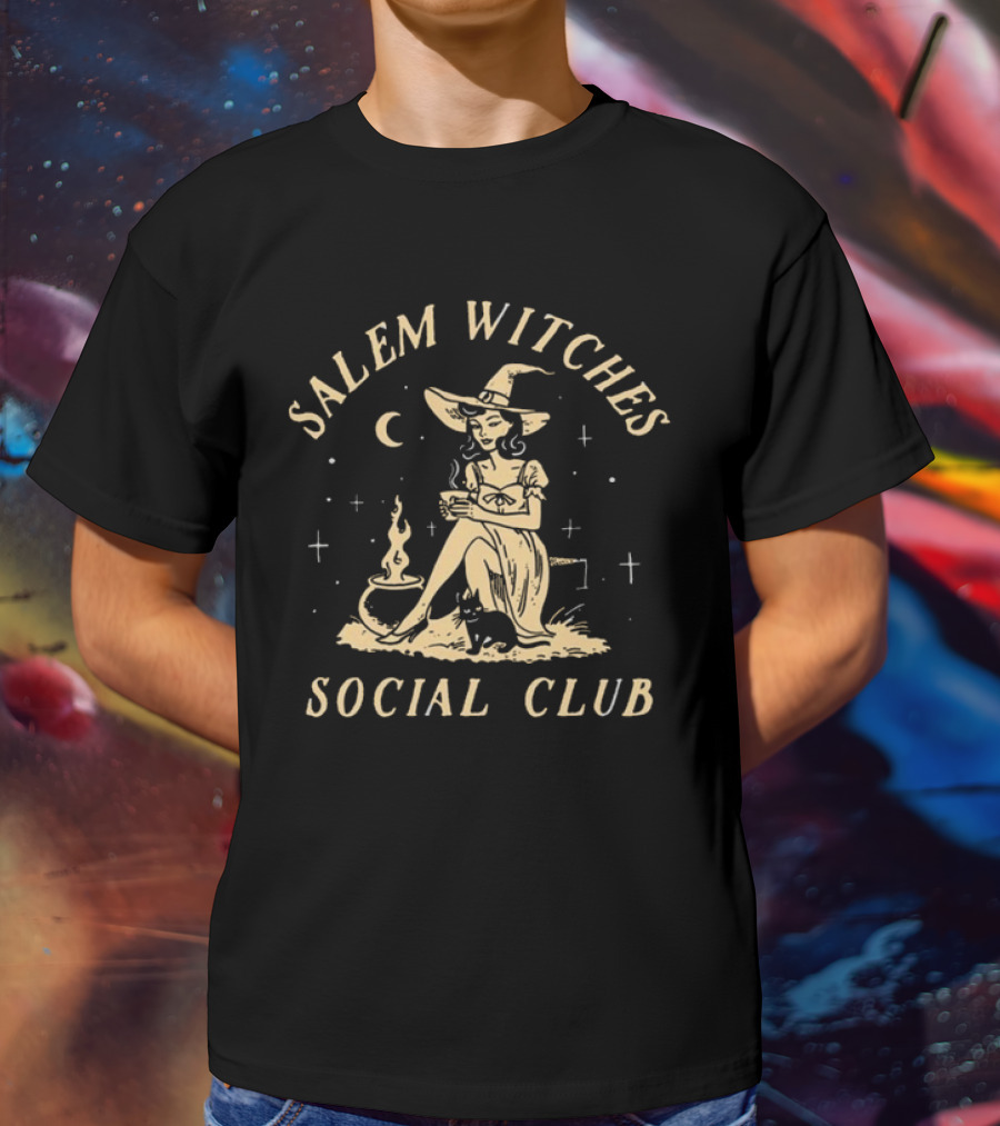 Salem Witches Social Club Moonlit Gathering With Cauldron And Cat T-Shirt