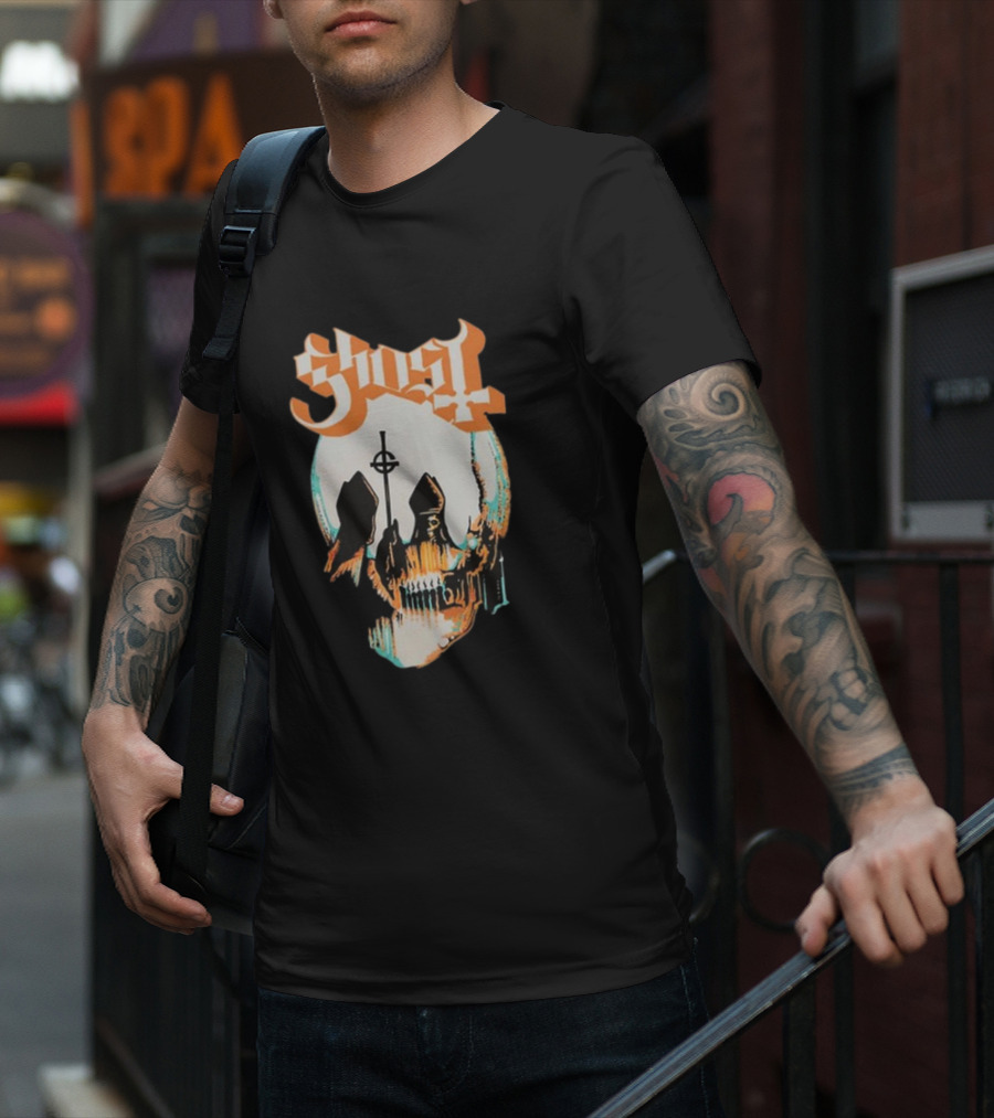 Ghost Band Skull Reflections With Cross And Cathedral Elements T-Shirt