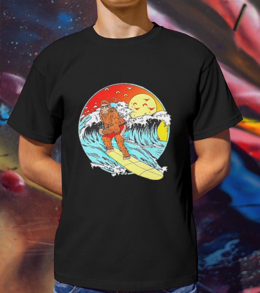 Bigfoot Surfing Sasquatch Retro 80s Beach Waves Sun Fun T-Shirt
