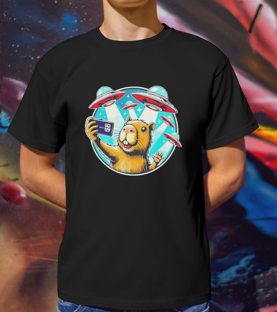 Capybara Taking Selfie With UFO Fleet Overhead T-Shirt