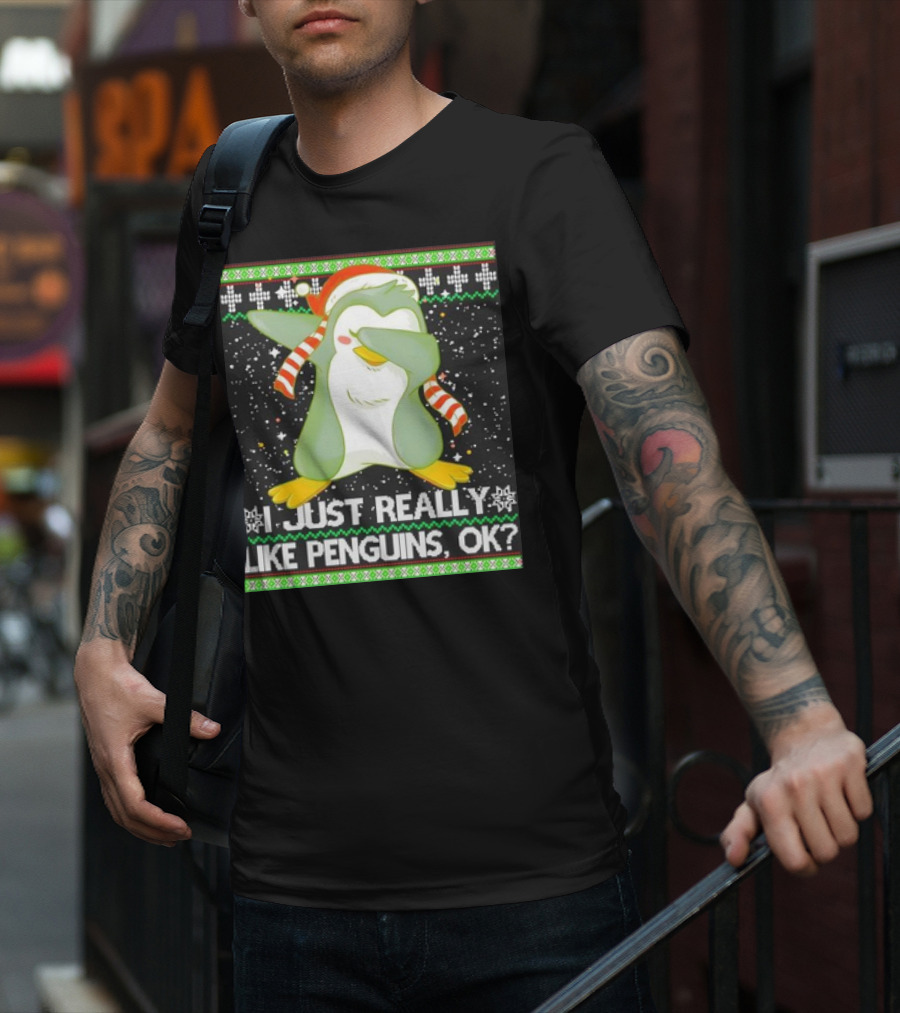 I Just Really Like Penguins Ok Ugly Christmas Cute Dabbing Penguin T-Shirt