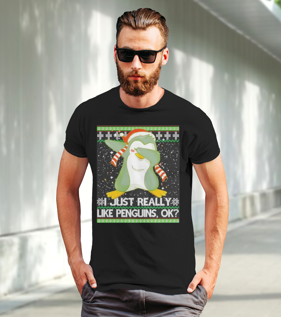 I Just Really Like Penguins Ok Ugly Christmas Cute Dabbing Penguin T-Shirt