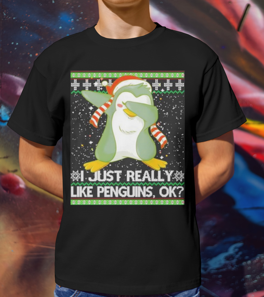 I Just Really Like Penguins Ok Ugly Christmas Cute Dabbing Penguin T-Shirt