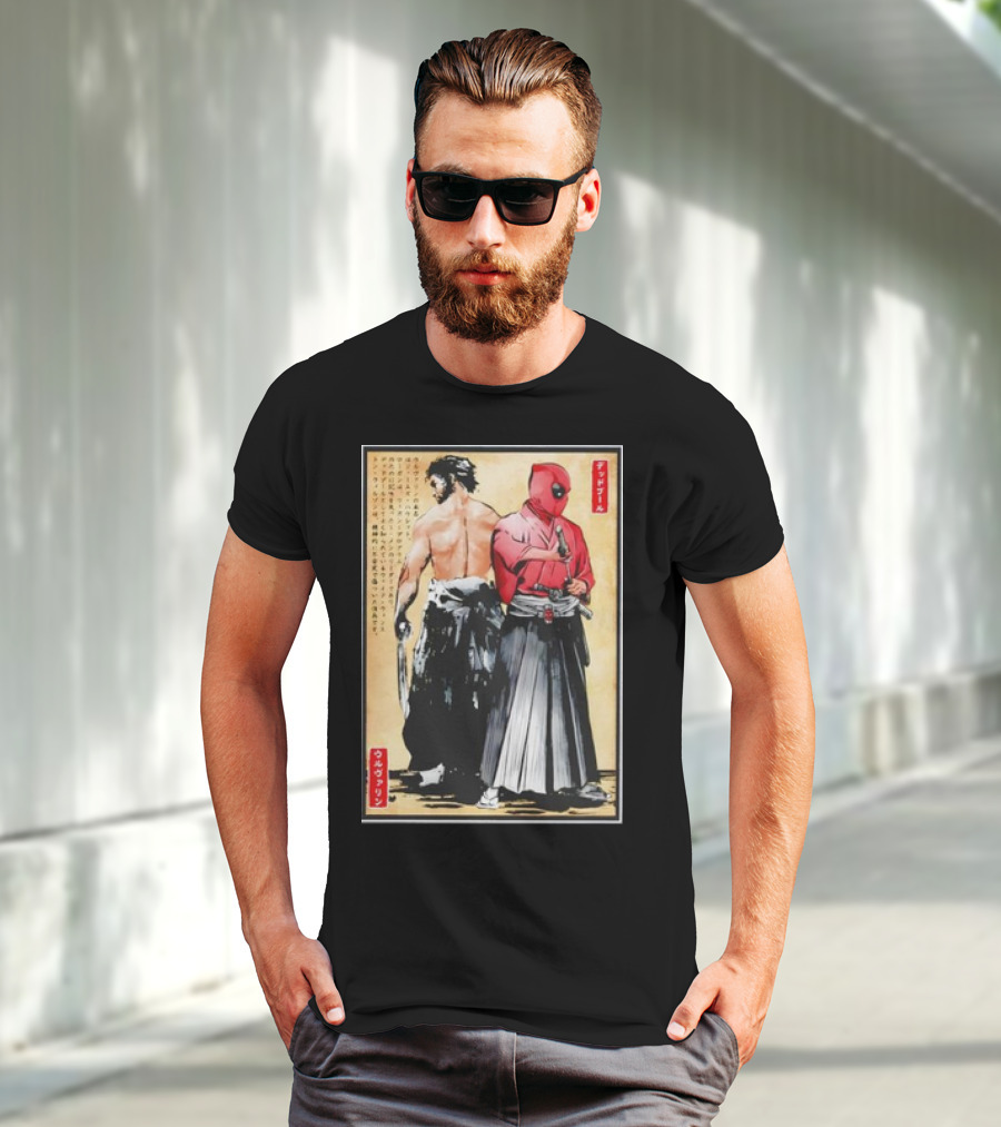 Mutant Samurai And Red Ronin Deadpool Wolverine Woodblock T-Shirt