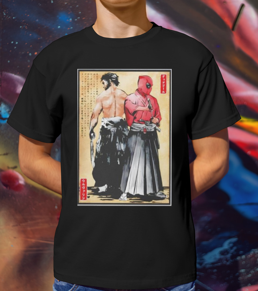 Mutant Samurai And Red Ronin Deadpool Wolverine Woodblock T-Shirt