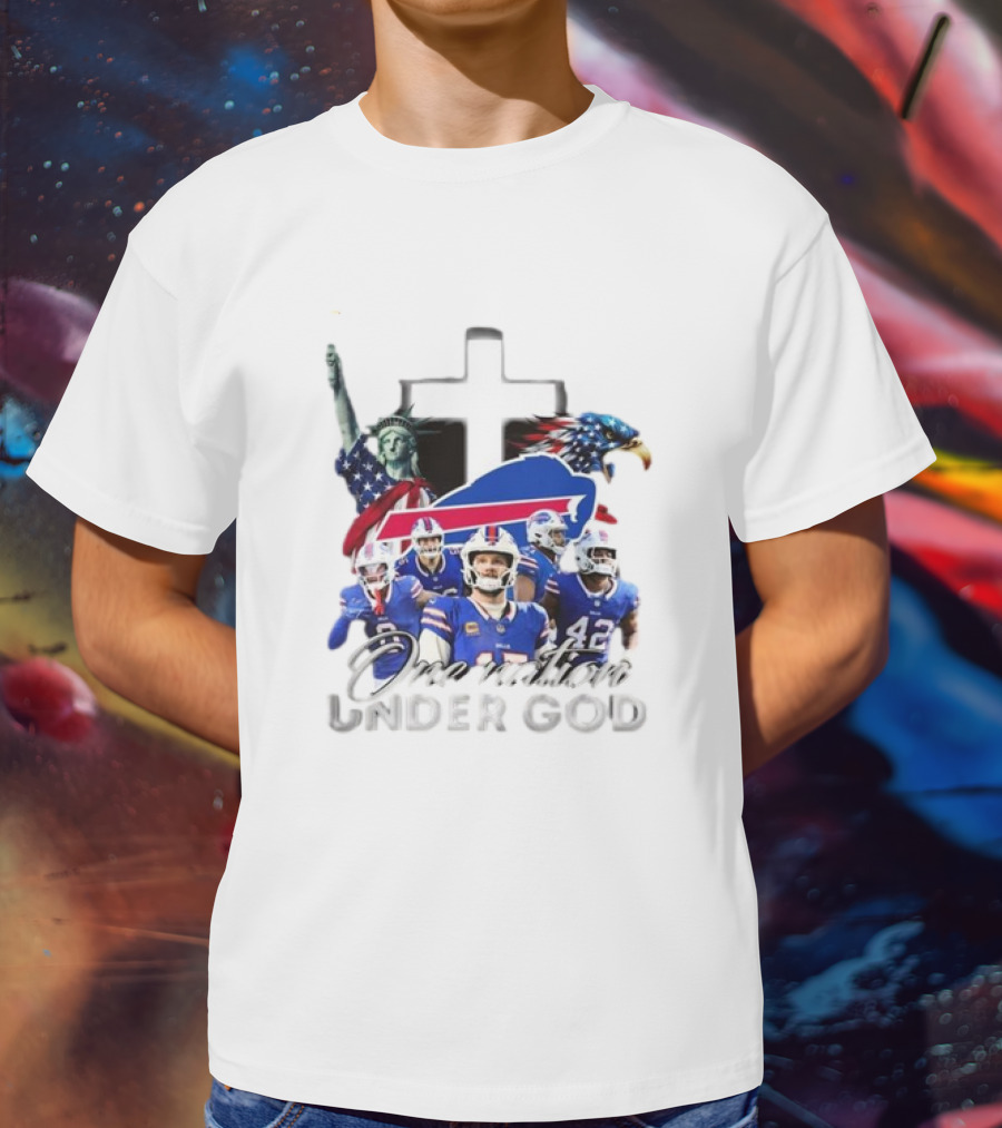 Buffalo Bills One Nation Under God American Flag Eagle Cross Statue Of Liberty Football Players T-Shirt