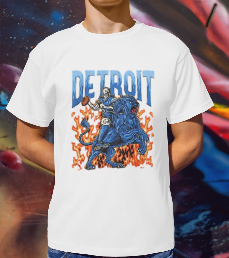 Detroit Lions Skeleton Quarterback Riding Flaming Blue Lion T-Shirt