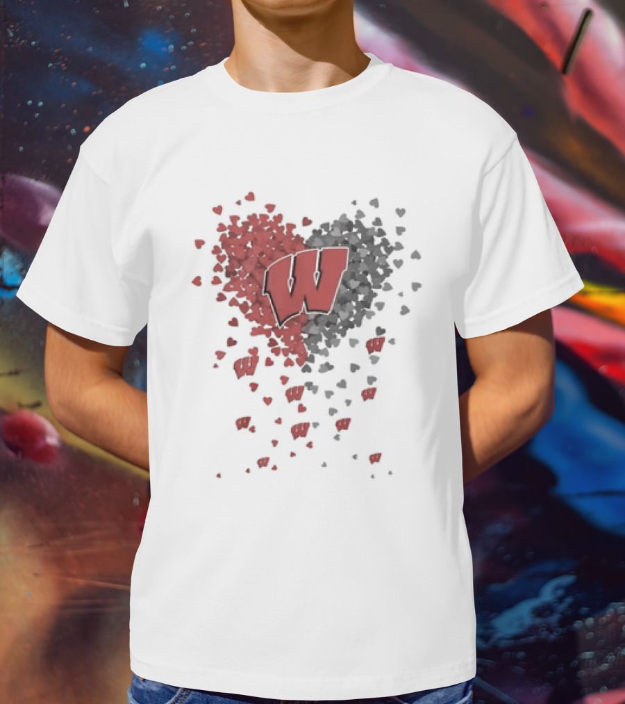 Heart Full Of Wisconsin Badgers Logo With Falling Hearts T-Shirt
