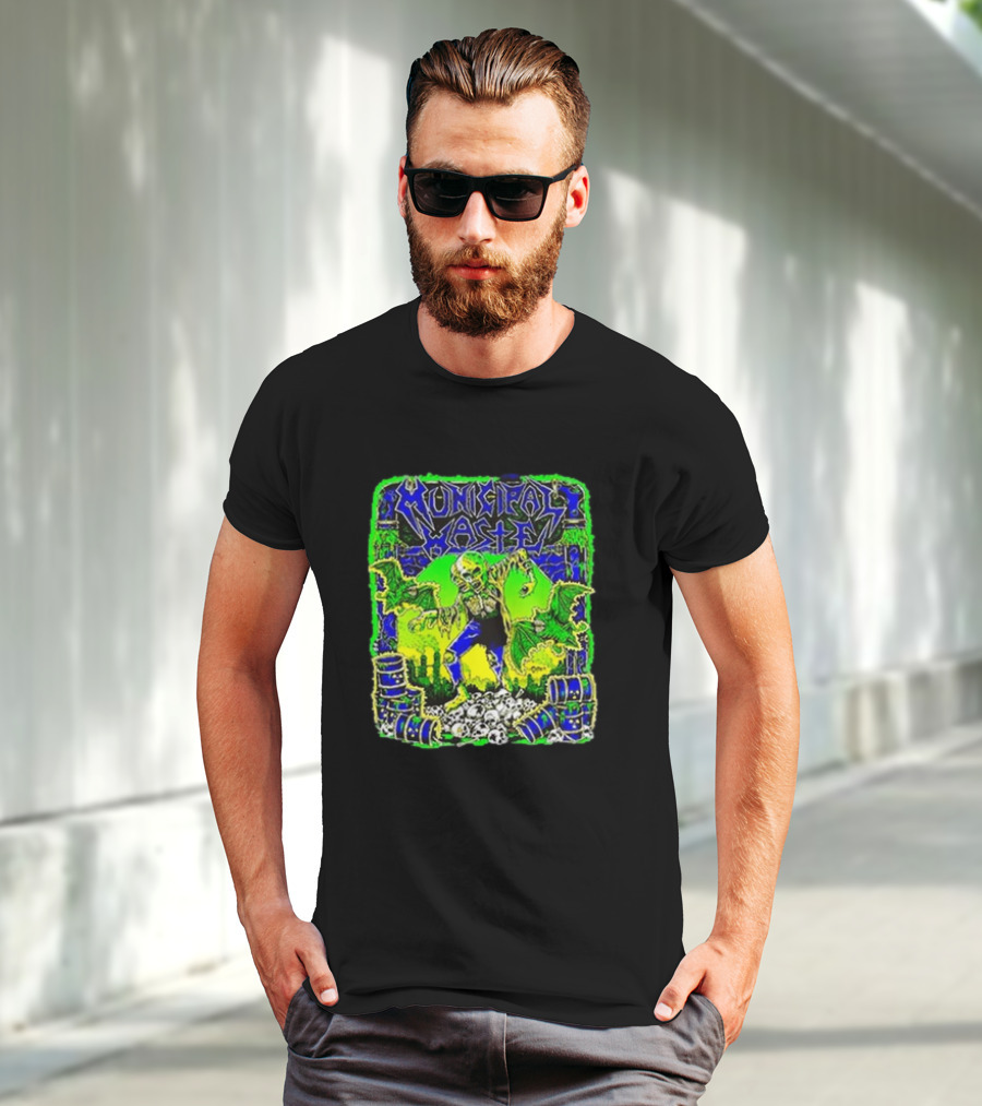 Municipal Waste Radioactive Creature With Toxic Barrels And Green Bats T-Shirt