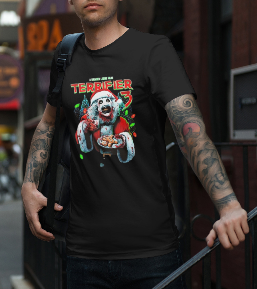 Terrifier 3 A Damien Leone Film Christmas With Milk And Carnage Santa Holding Gingerbread And Glass T-Shirt