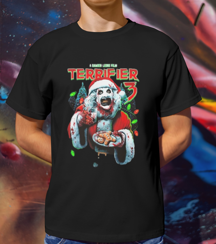 Terrifier 3 A Damien Leone Film Christmas With Milk And Carnage Santa Holding Gingerbread And Glass T-Shirt