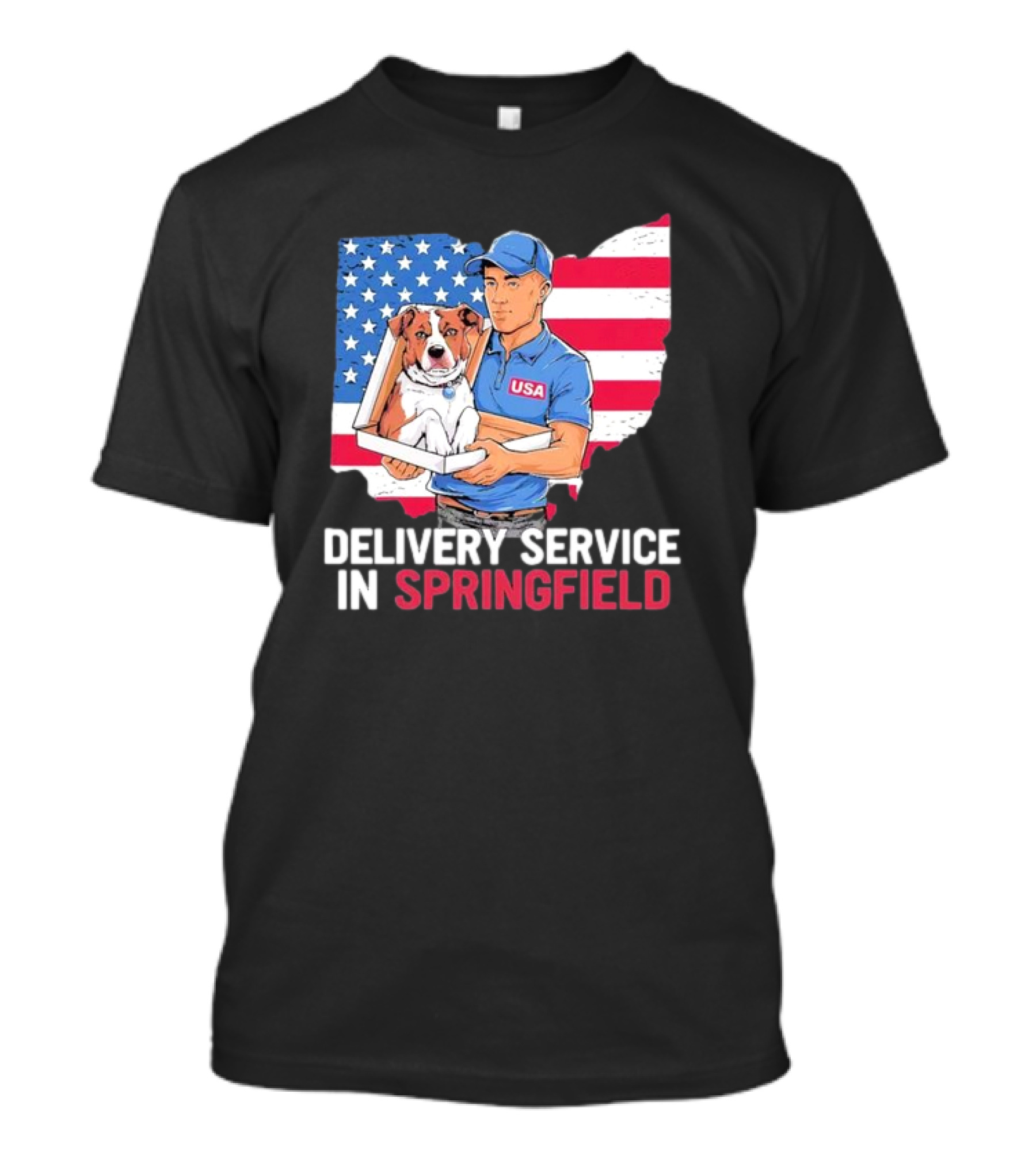Delivery Service In Springfield USA Dog Parcel Ohio Flag Background T-Shirt