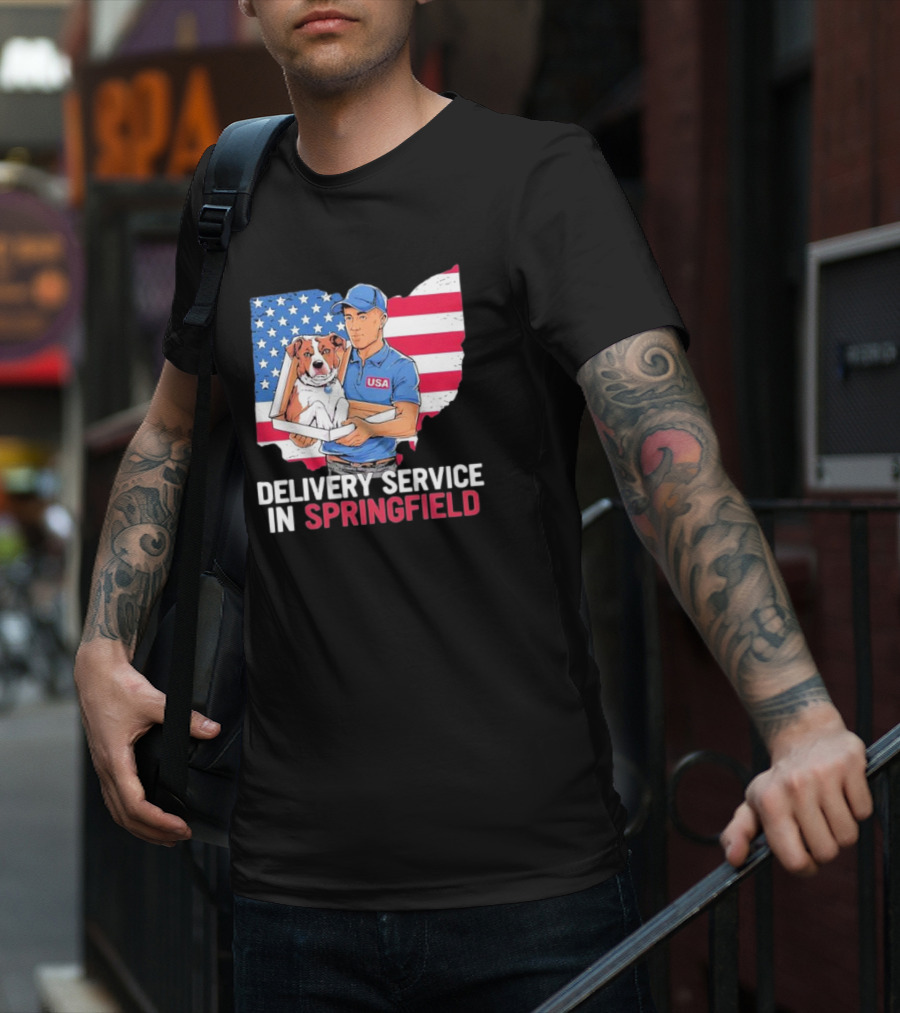 Delivery Service In Springfield USA Dog Parcel Ohio Flag Background T-Shirt