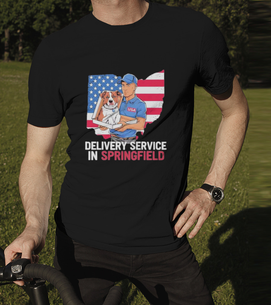 Delivery Service In Springfield USA Dog Parcel Ohio Flag Background T-Shirt
