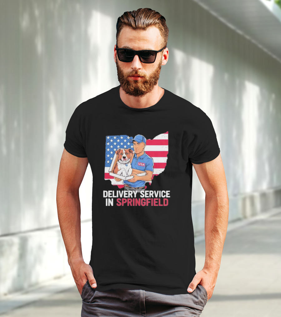 Delivery Service In Springfield USA Dog Parcel Ohio Flag Background T-Shirt