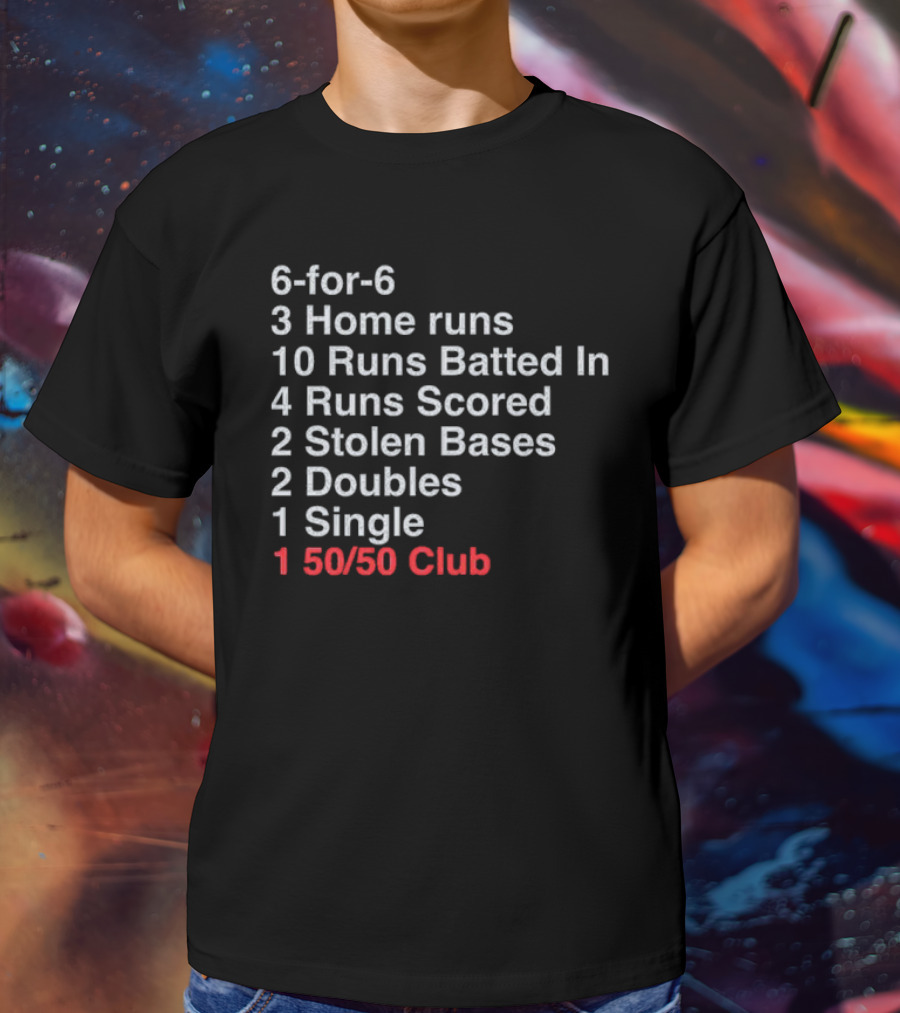 Shohei Ohtani 6-for-6 3 Home Runs 10 Runs Batted In 4 Runs Scored 2 Stolen Bases 2 Doubles 1 Single 50-50 Club T-Shirt