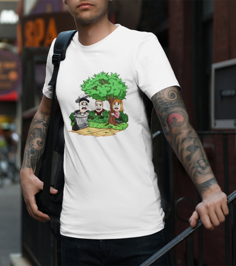 Artem Potokin Little Me Cartoon Characters Hiding Behind Tree And Trash Can T-Shirt