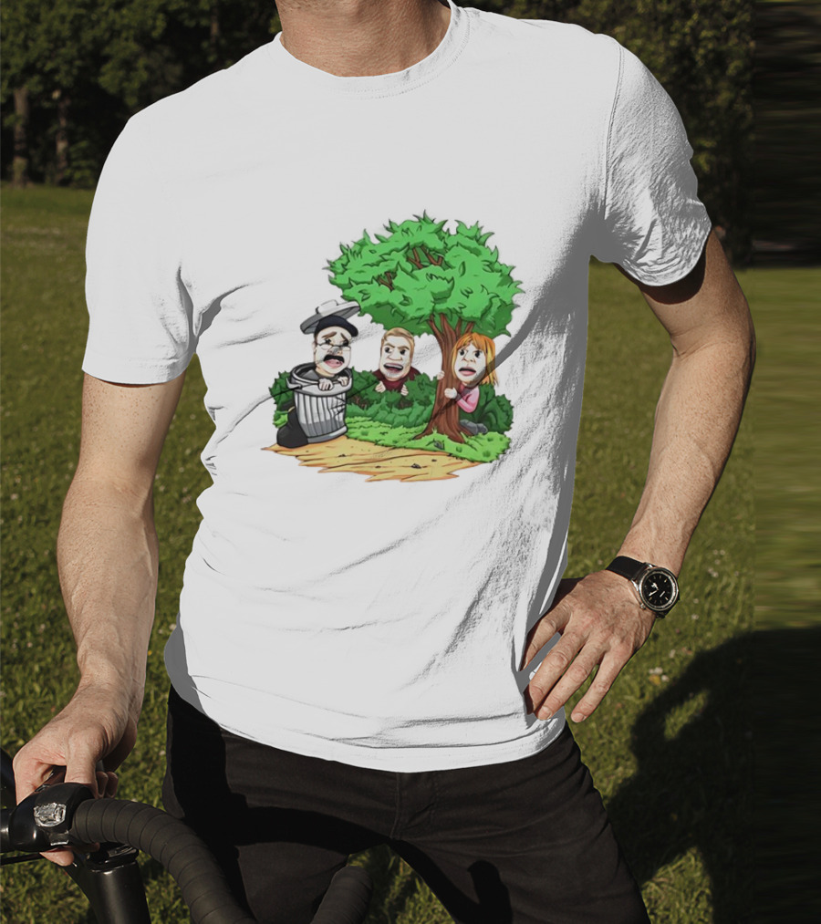 Artem Potokin Little Me Cartoon Characters Hiding Behind Tree And Trash Can T-Shirt
