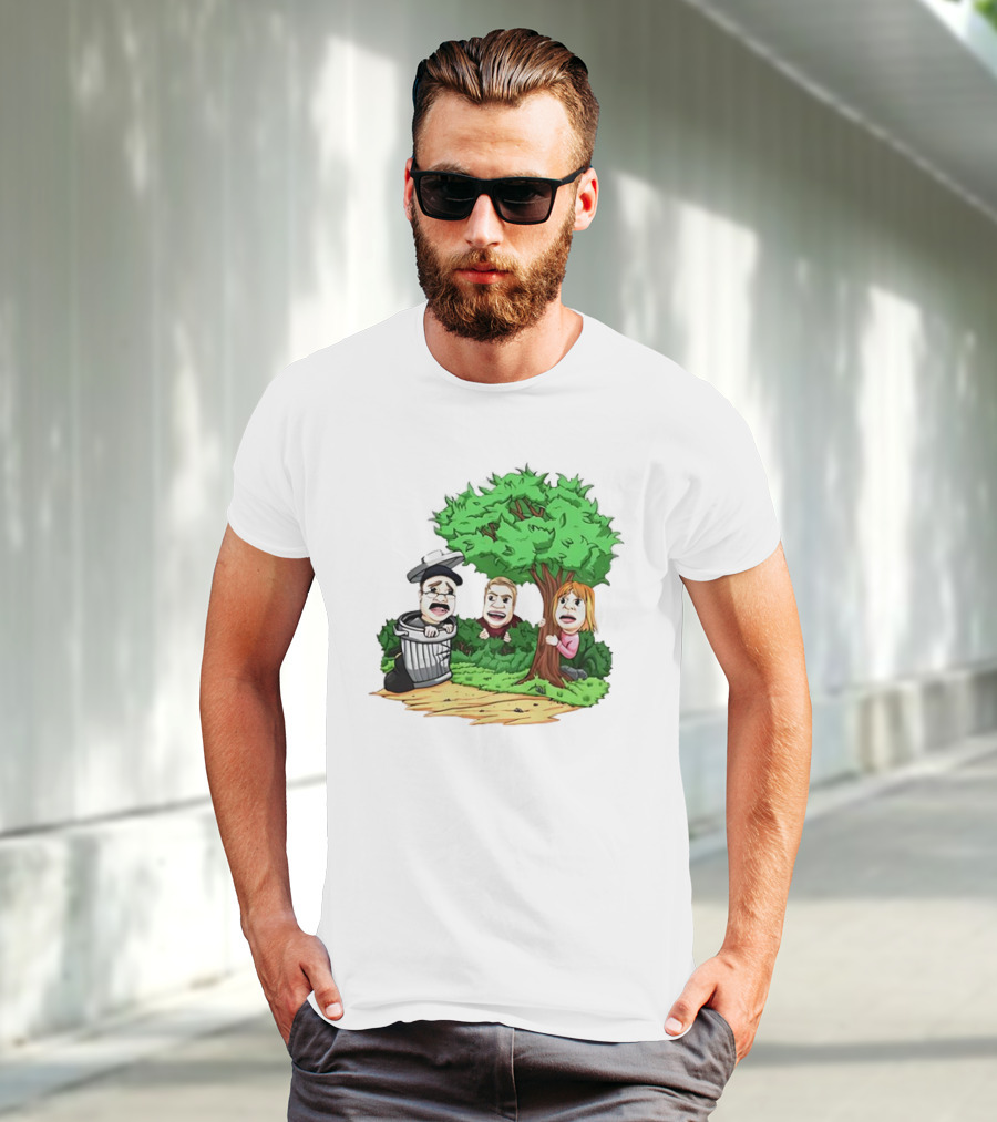 Artem Potokin Little Me Cartoon Characters Hiding Behind Tree And Trash Can T-Shirt