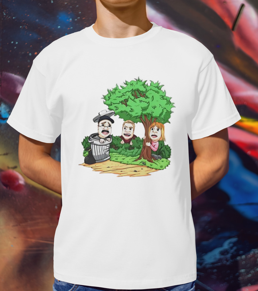 Artem Potokin Little Me Cartoon Characters Hiding Behind Tree And Trash Can T-Shirt