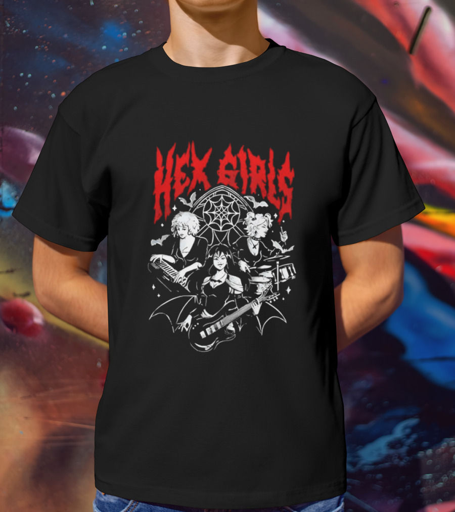 Hex Girls Band Gothic Rock Trio With Instruments And Spiderweb Background T-Shirt