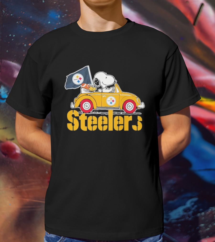 Peanuts Snoopy Woodstock Driving Yellow Car With Steelers Flag T-Shirt
