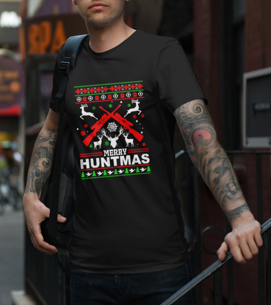 Merry Huntmas Christmas Reindeer Guns And Antlers Holiday T-Shirt