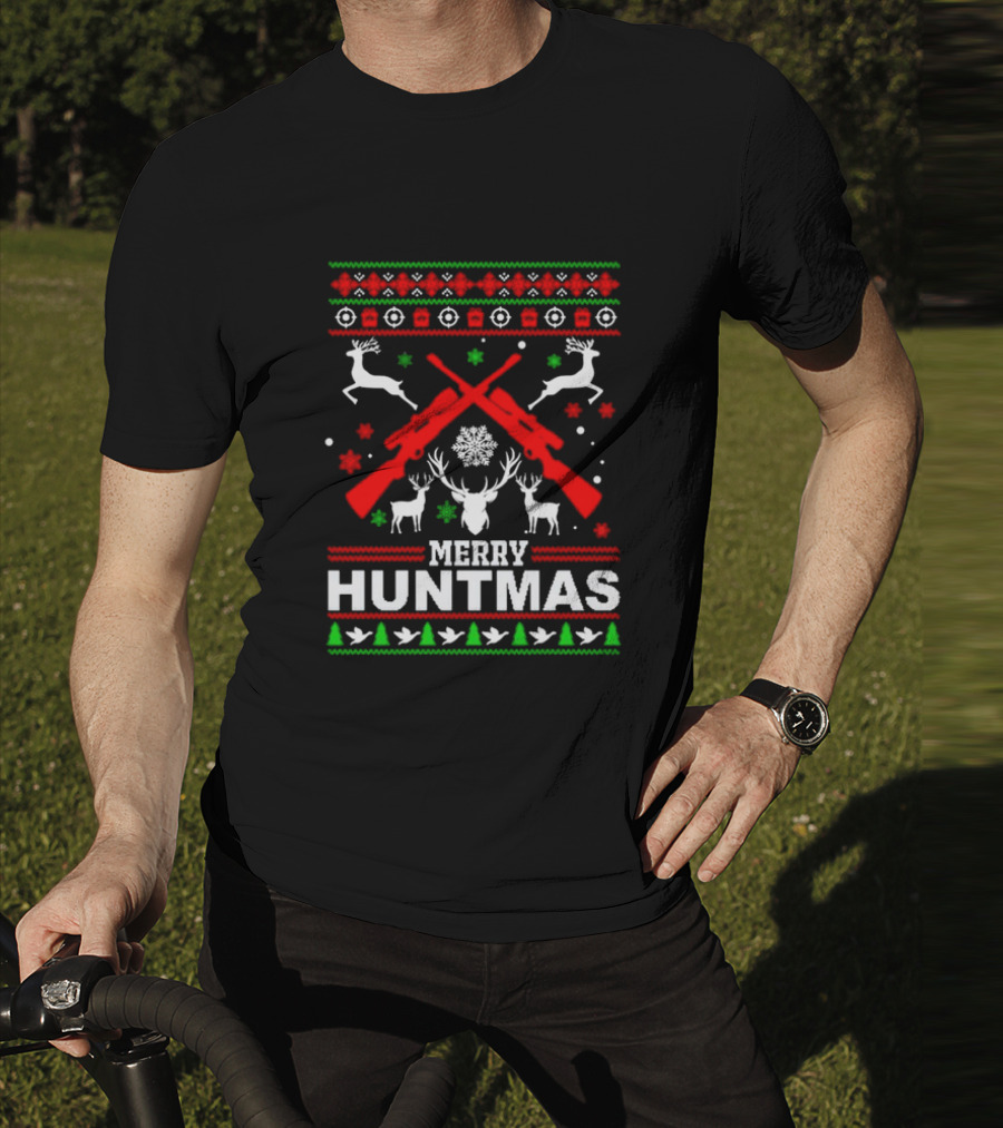 Merry Huntmas Christmas Reindeer Guns And Antlers Holiday T-Shirt