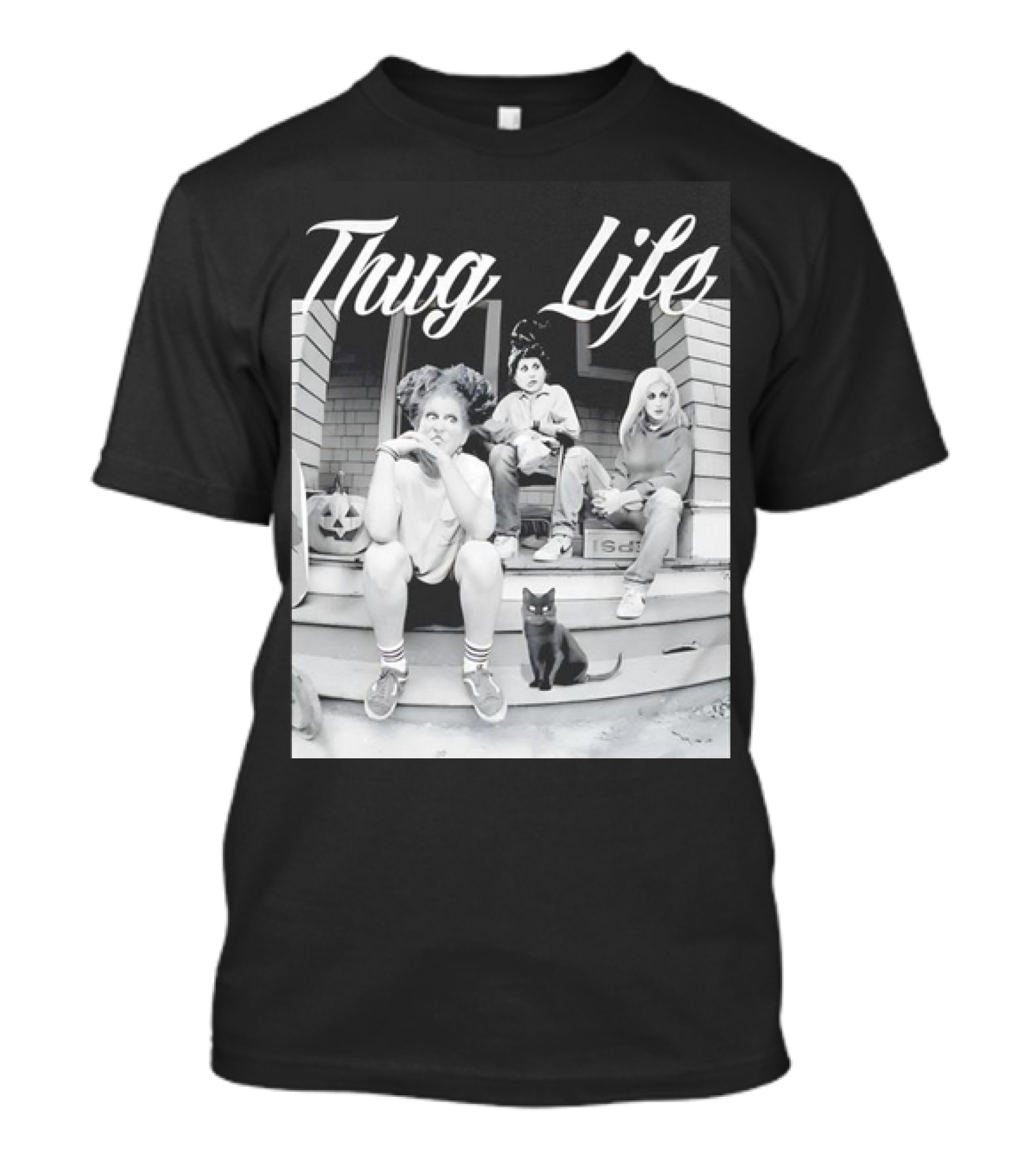 Hocus Pocus Thug Life Witchy Trio With Black Cat And Pumpkin Porch Scene T-Shirt