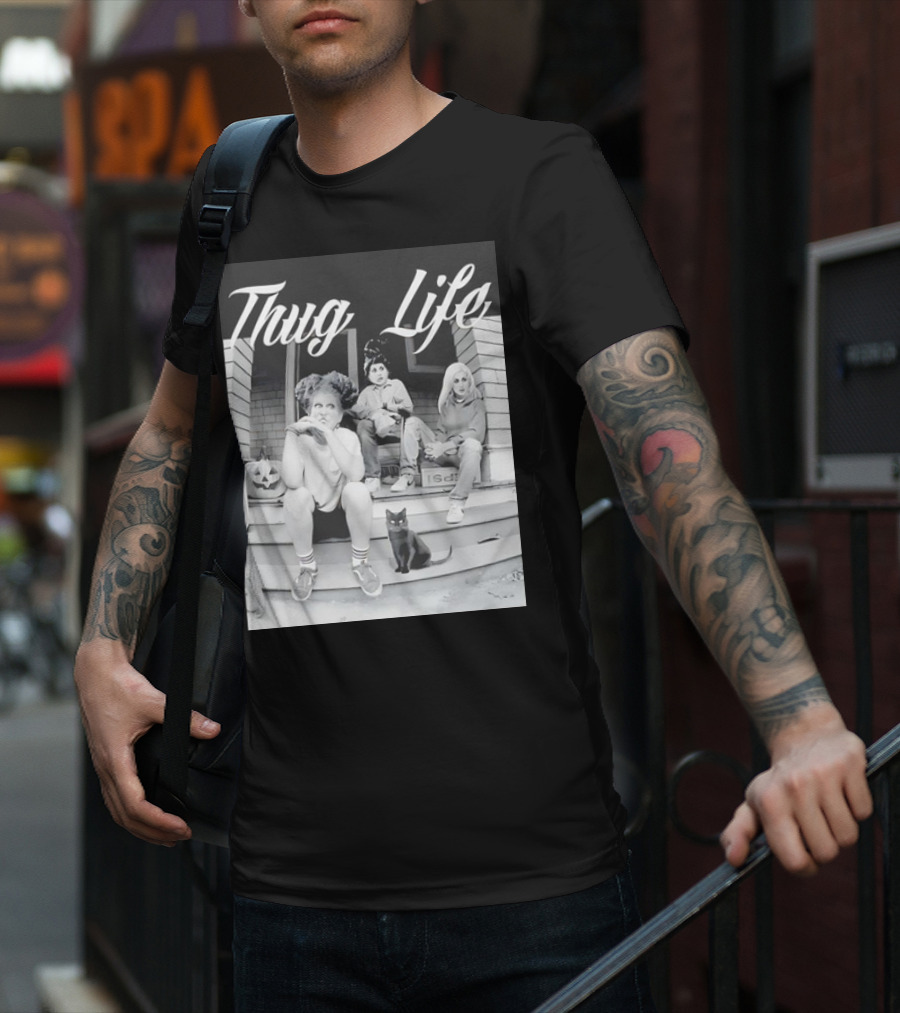 Hocus Pocus Thug Life Witchy Trio With Black Cat And Pumpkin Porch Scene T-Shirt