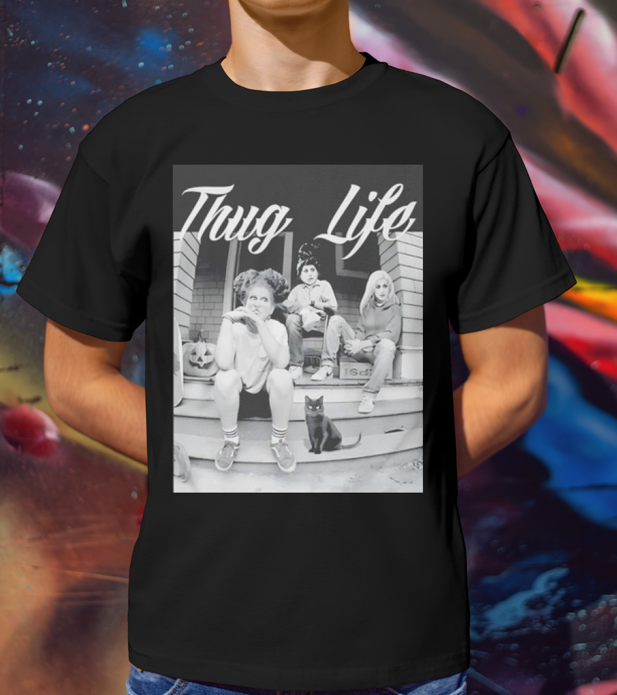 Hocus Pocus Thug Life Witchy Trio With Black Cat And Pumpkin Porch Scene T-Shirt