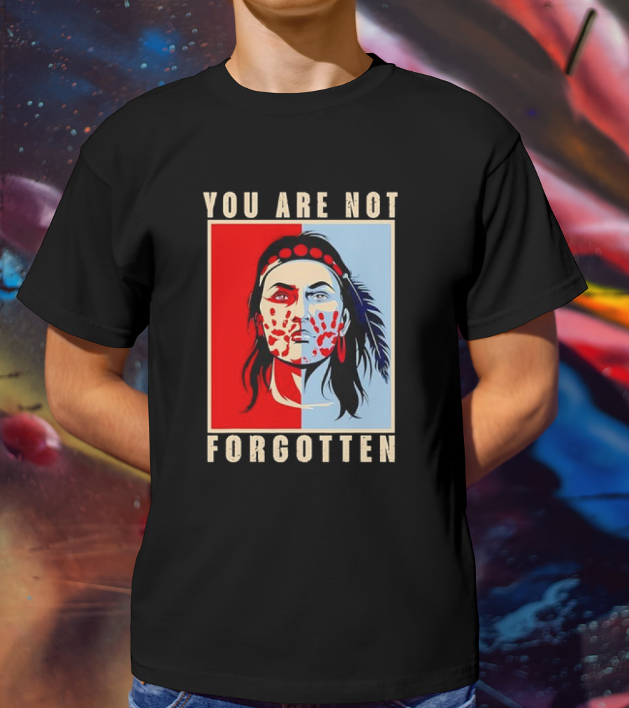 You Are Not Forgotten Awareness Native American Indian Red Handprint Feather Profile T-Shirt