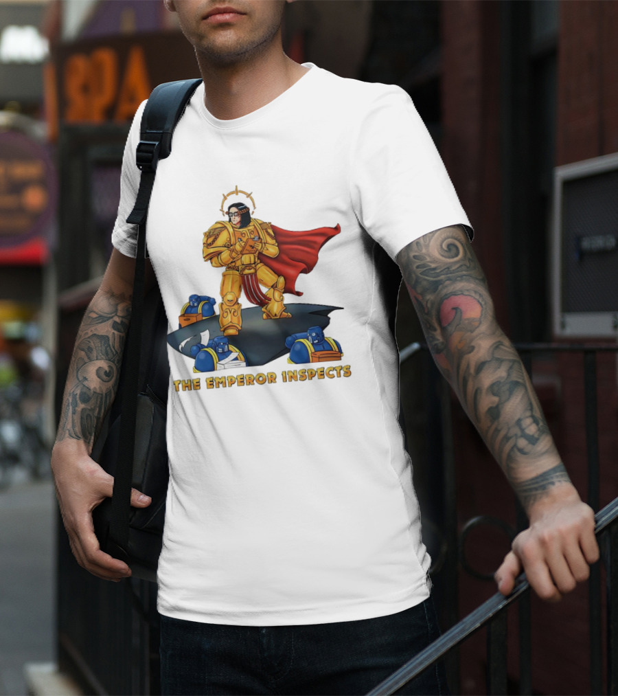 The Emperor Inspects Power Armor With Red Cape And Space Soldiers On Dark Platform T-Shirt