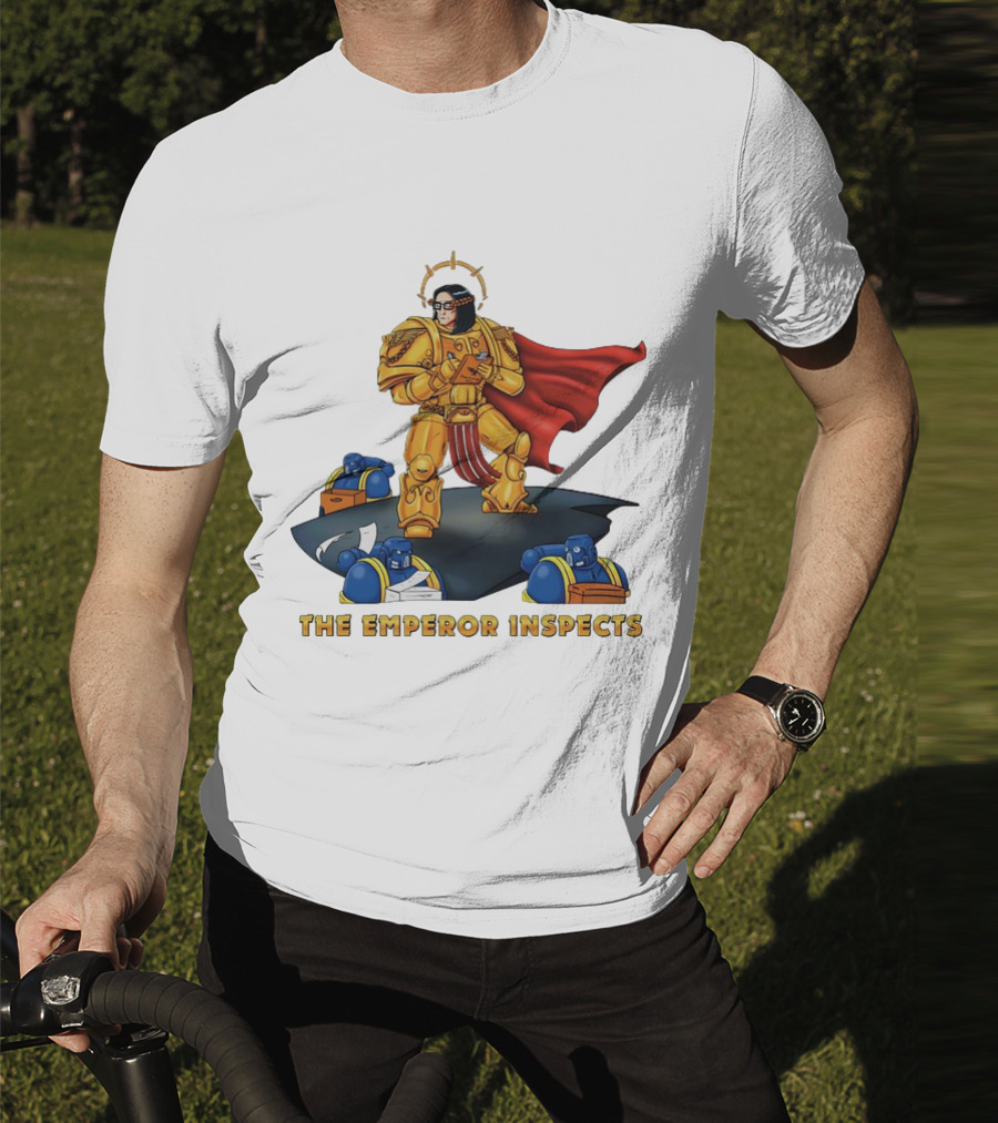 The Emperor Inspects Power Armor With Red Cape And Space Soldiers On Dark Platform T-Shirt