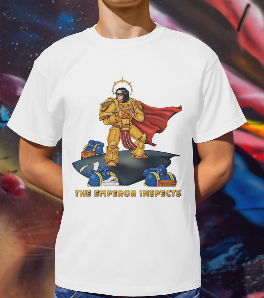 The Emperor Inspects Power Armor With Red Cape And Space Soldiers On Dark Platform T-Shirt